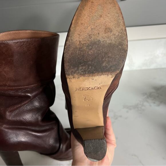 Max & Co Brown Leather Heeled Slouchy Mid Calf Boots Womens size 38 - Picture 7 of 14